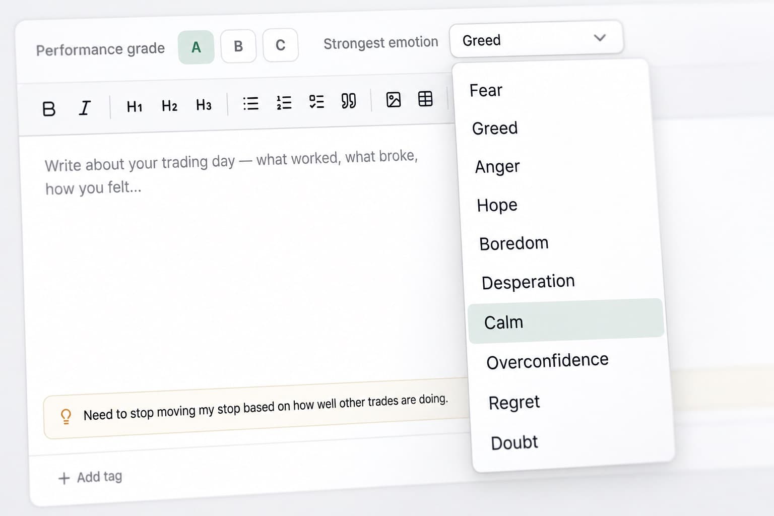 Emotion list open on a trade, with Calm selected from Fear, Greed, Anger, Hope and Regret